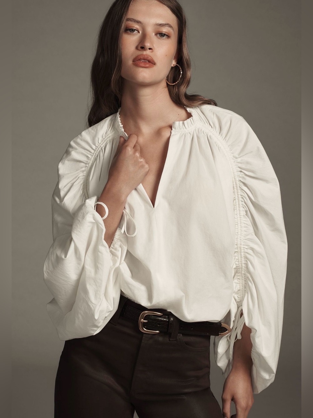 ANTHROPOLOGIE‎ Ruched Sleeve Popover Blouse White L